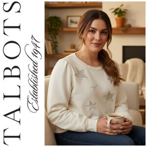 Talbots Plus Sz 2X Ivory Silver Sequin Star Applique Pullover Sweatshirt Sweater